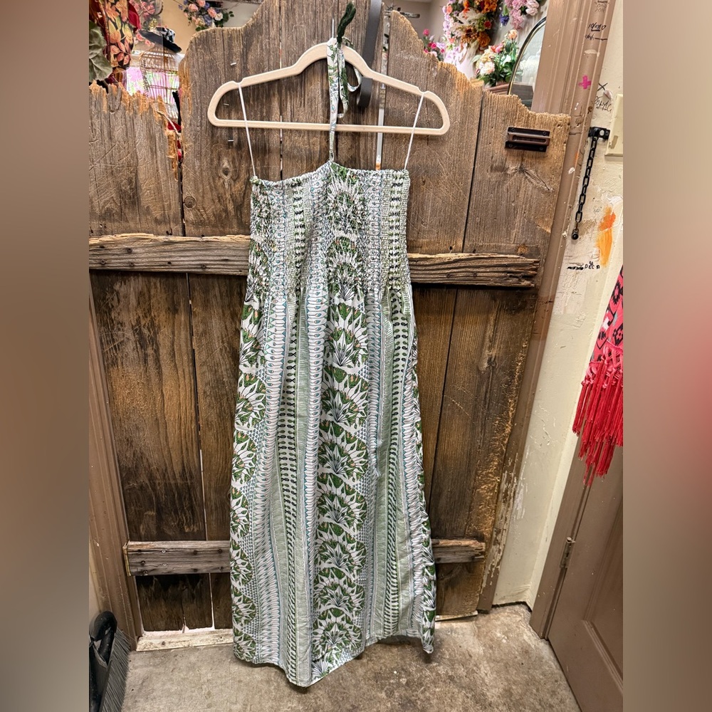 Floral Maxi Dress with Green and White Pattern